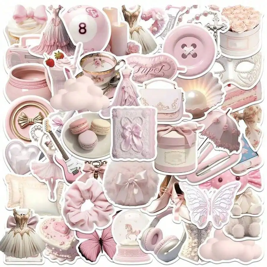 

50pcs Pink Aesthetic Stickers, Suitable For Decorating Room, Scrapbook, Laptop, Phone, Skateboard, Notebook, Diary, Waterproof Vinyl Material, Great Gift And Back To School Supplies