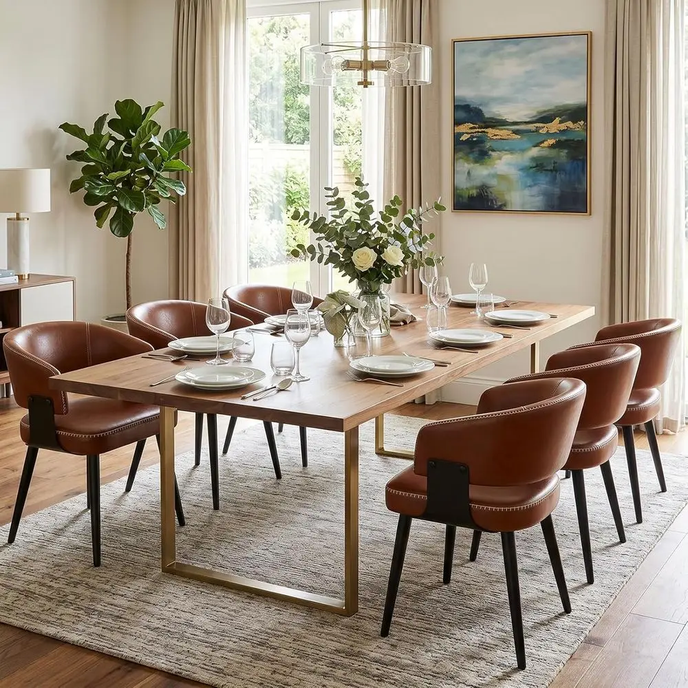 

Set of 6 Vintage Brown Upholstered PU Leather Dining Chairs with Curved Metal Legs
