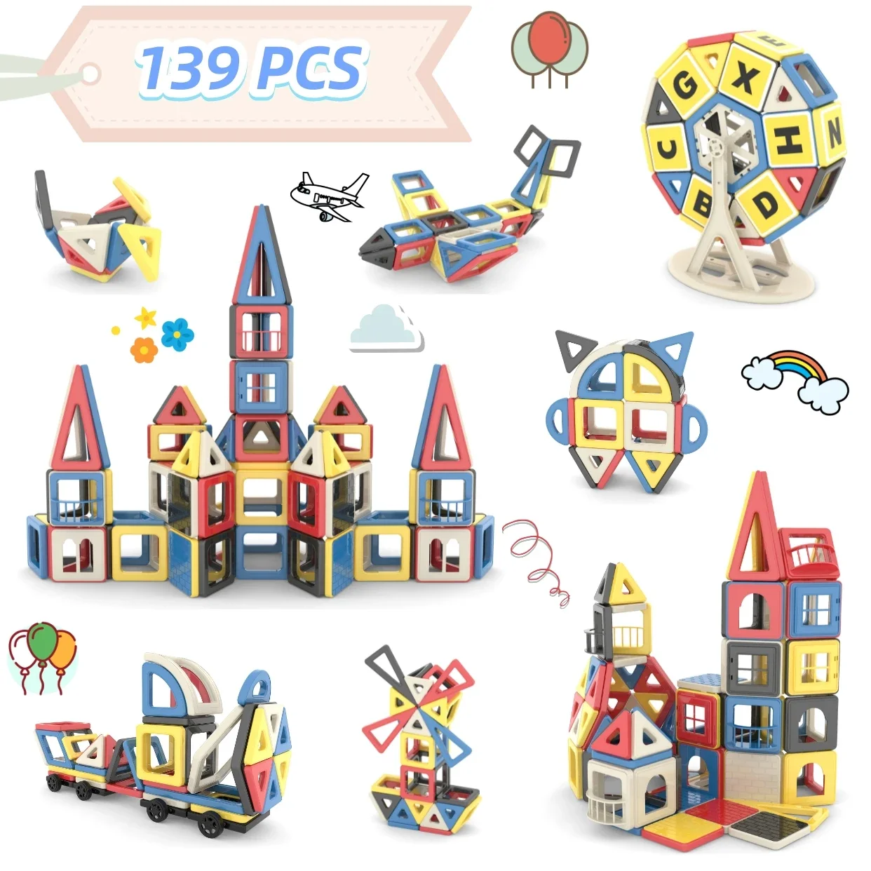 

Набор из 139 мини-магнитных строительных игрушек: развивающие конструкторы с колесами для мальчиков и девочек от 3 лет, подарок для детей