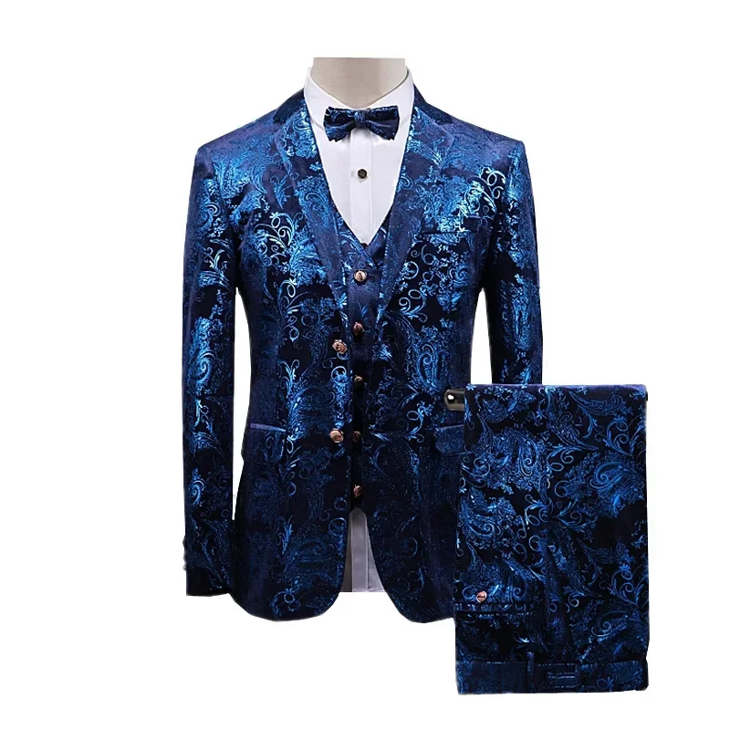 Men\'s Gold Printed 3 Piece, Tuxedo Suit Men Brand Slim Fit Wedding Groom Velvet Terno Masculinos Party Prom Stage Costume Homme