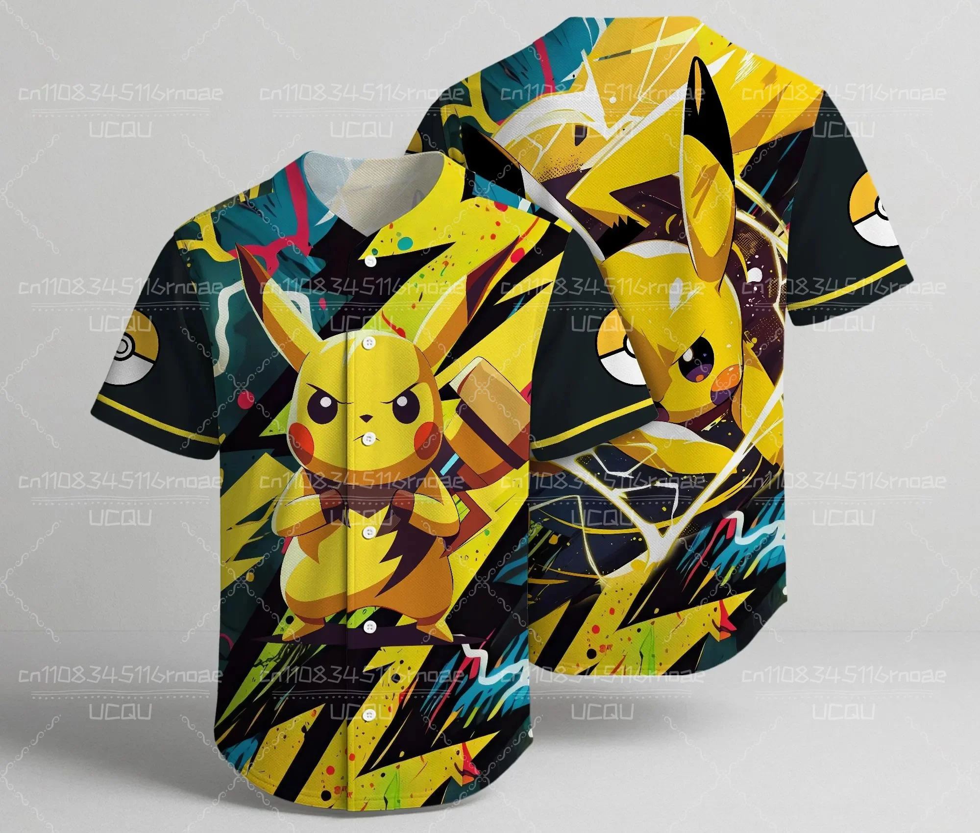 Nieuw Pikachu unisex honkbalshirt met geel bliksempatroon met knopen omhoog zomertop cool honkbalshirt rollenspel
