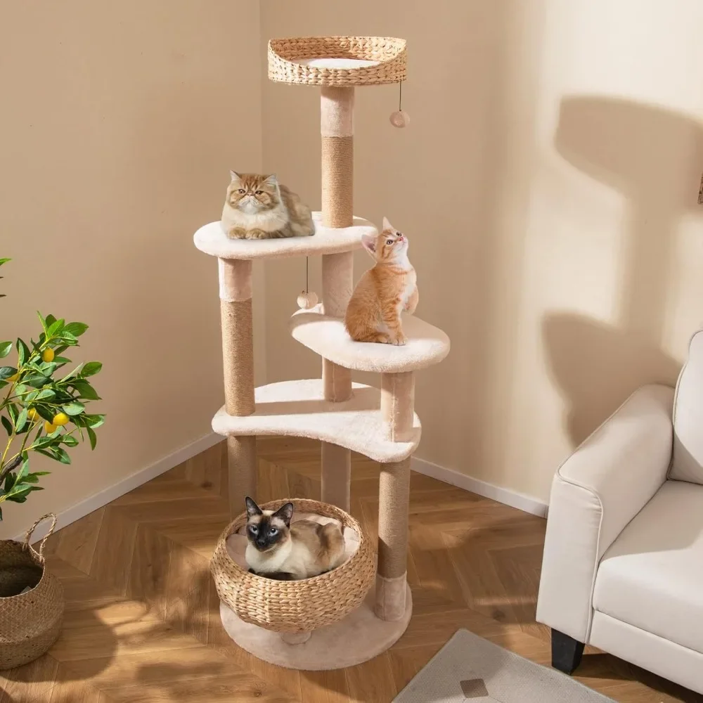 

65 inch Cattail Cat Tree Tower, Multi-Level Cat Tower with Natural Jute Scratching Posts, Cat Bed, Top Perch, Dangling B