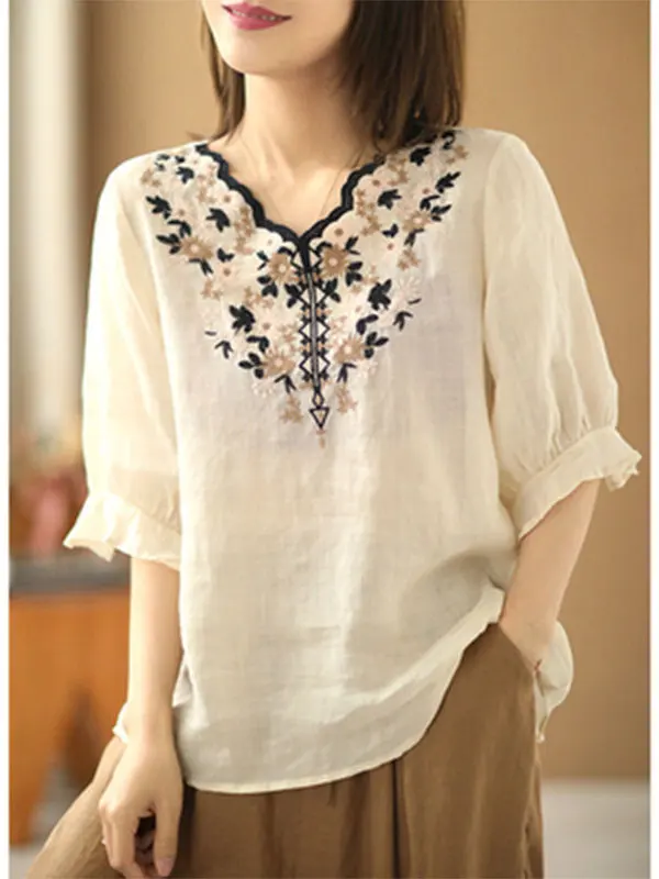 ZiMo QingHe Heavy Industry Haftowany Lniany Top Damski z Dekoltem w Serek, Letni, z Małej Bawełny i Lnu