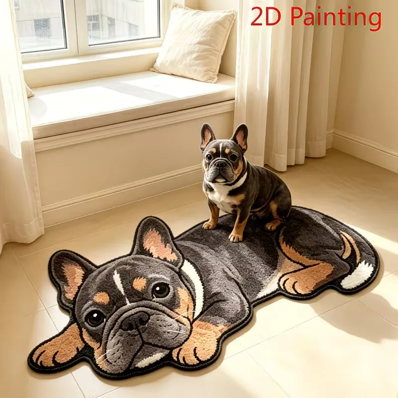 VIKAMA Cute Lying French Bulldog Rug Soft Plush Non Slip Entryway Mat Bedside Rug for Bedroom Washable Cozy Living Room Decor