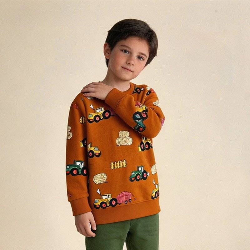 Infant Kids Boys 100% Cotton Tops Pullover Hoodies Sweatshirts  Farm Tractor Haystack All‑Over Print Long Sleeve Children Top