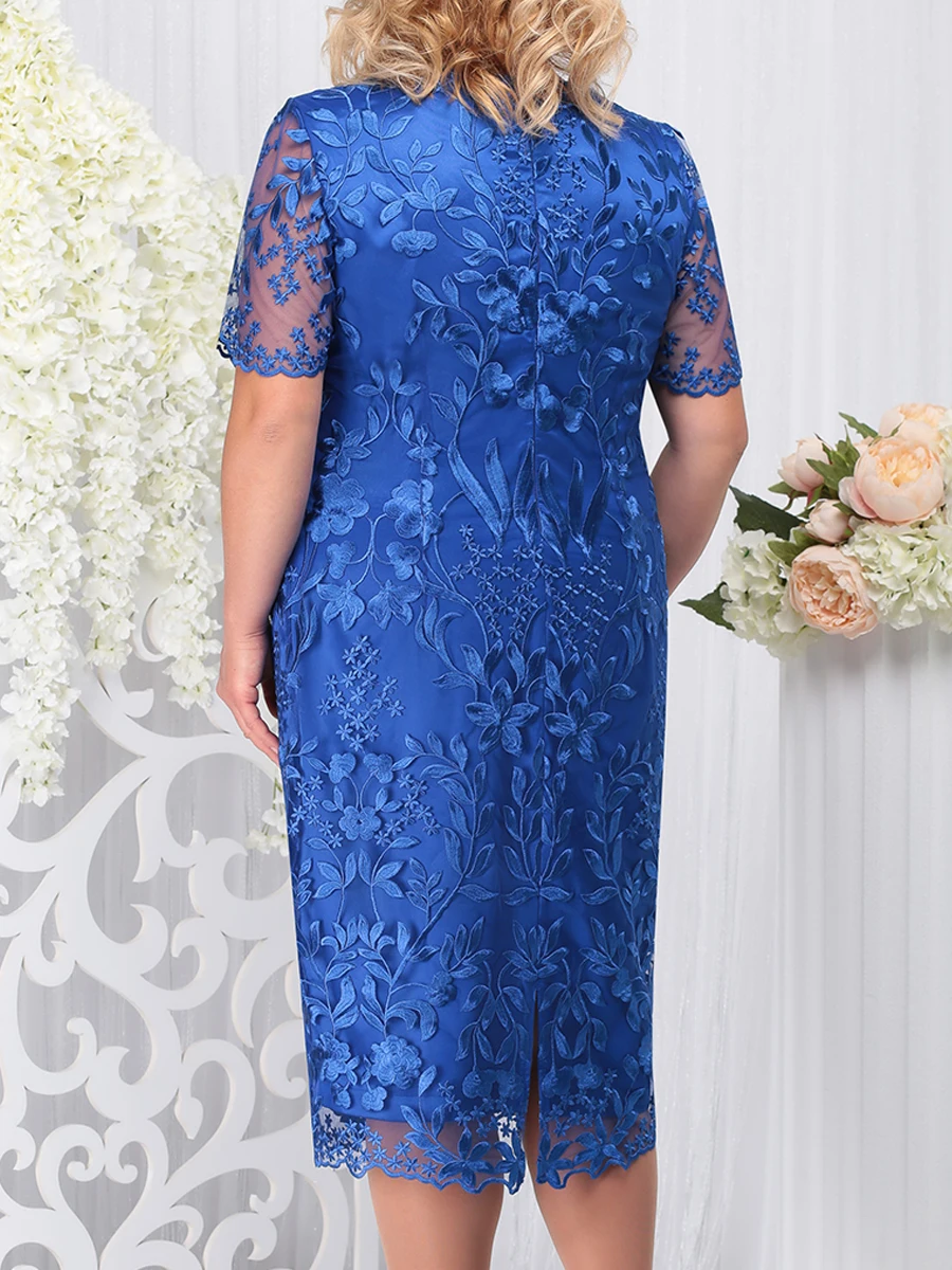 Plus Size Party Dress for Woman 2024 Fashion Summer Short Sleeve Embroidery Floral Party Dress Slim Bodycon Pencil Dresses