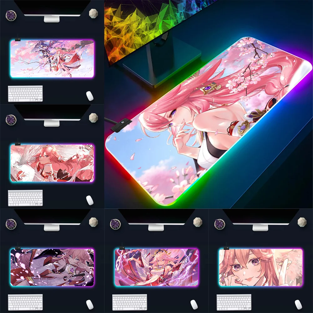

Коврик для мыши с RGB-подсветкой для ПК-геймеров, с изображением мультяшной священницы Яэ Мико, светящийся в темноте, резиновый игровой коврик для мыши
