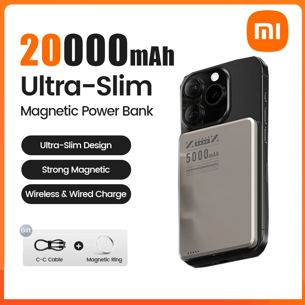 Магнитный внешний аккумулятор Xiaomi 20000 мАч, тонкий беспроводной внешний аккумулятор Powerbank для Magsafe для iPhone 16 17 Samsung