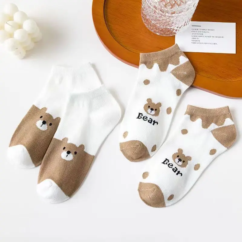 5 Pairs Cute Cartoon Bear Low Cut Ankle Socks for Women - Soft, Lightweight, and Comfortable