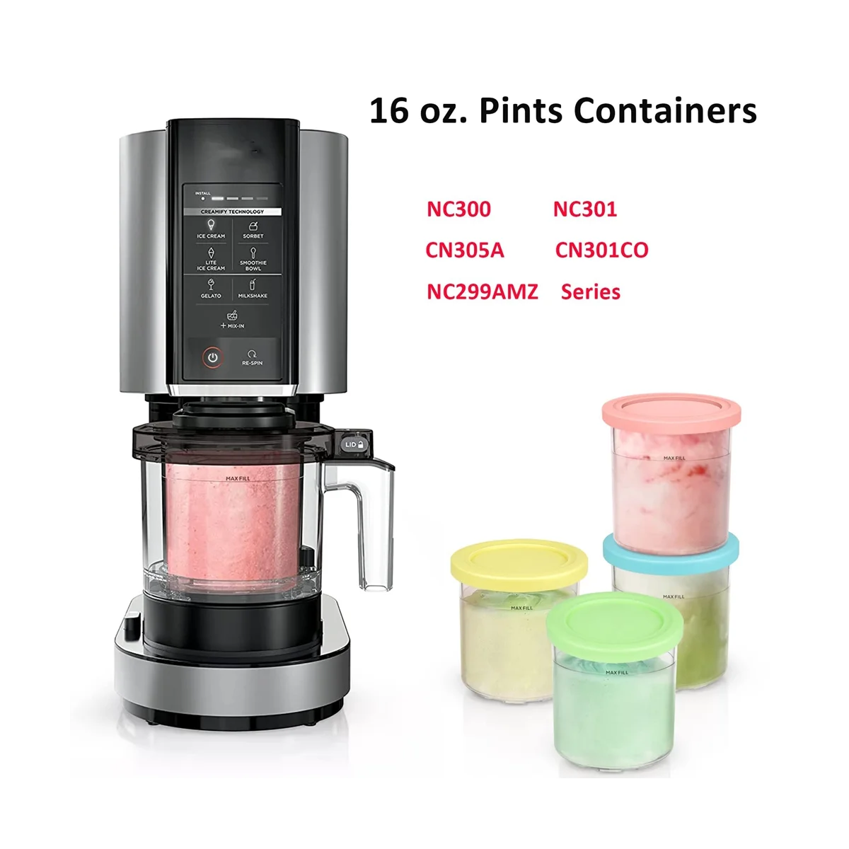 4PCS Ice Cream Pints and Lids for Ninja Creami NC301 NC300 NC299AMZ Series Ice Cream Storage Containers Food Freezer