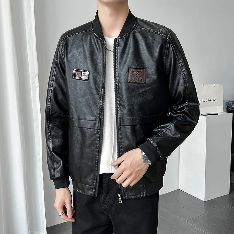 New Spring and Autumn Trendy Handsome Men's Motorcycle Imitation Leather Jacket Casual Comfortable Windproof Breathable Coat