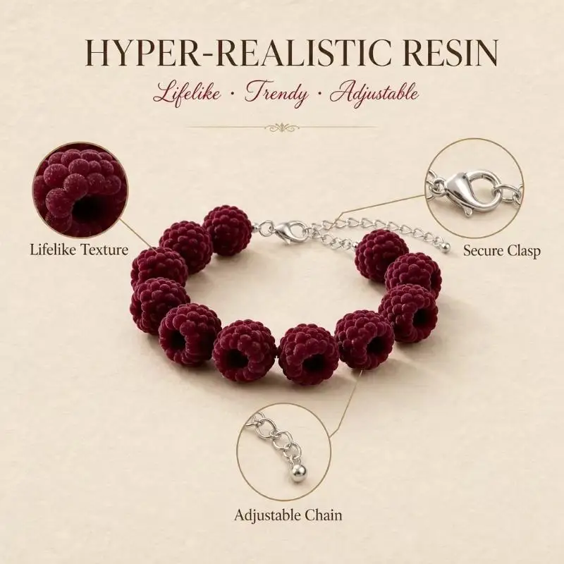 2026 NEW Cute Trendy Summer Resin Raspberry Bead Bracelet Adjustable Chain Fruit Berry Charm Jewelry For Women Girls