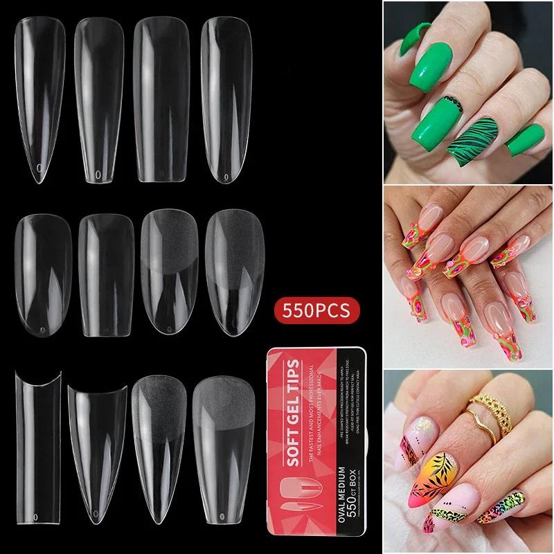 550pcs/box Clear Acrylic Long Fake Nails Capsules Almond French Coffin Full Half Cover False Nails Artificial Nail Soft Gel Tips