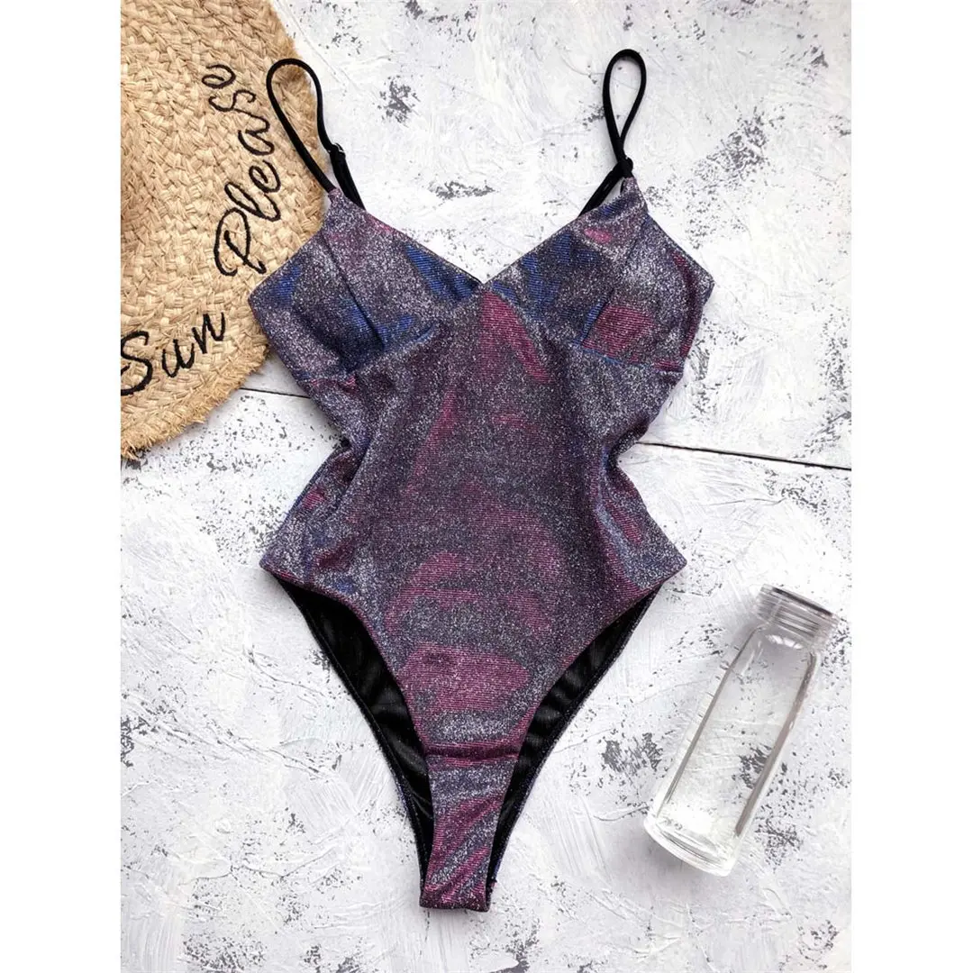 S - XL Neuer, sexy Badeanzug mit V-Ausschnitt und hohem Beinausschnitt, einteilig, Damen-Badebekleidung, glänzender, glitzernder, funkelnder Badeanzug, Modell V2631 – Detail 12