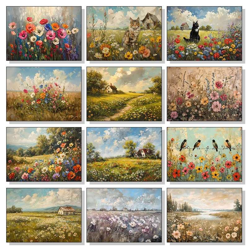 Wildflower Field Cat Sparrow Farm House Painting Posters and Prints Canvas Printing Rustic Retro Wall Art Picture for Home Decor