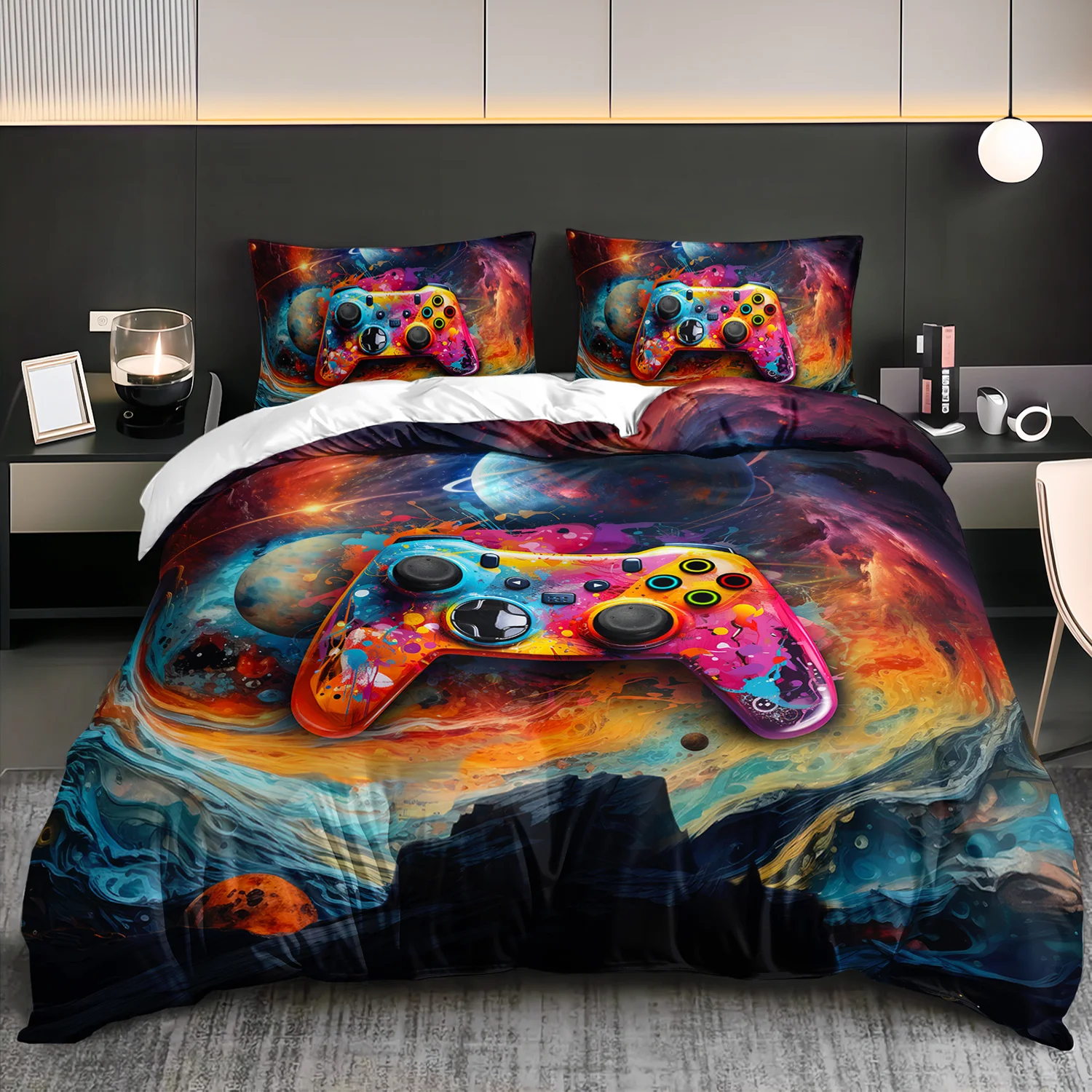 

3pcs Colorful Galaxy Game Controller Bedding Duvet Cover Set Space Game Bedding Quilt Set Gamer Themed Bed Set Abstract Space