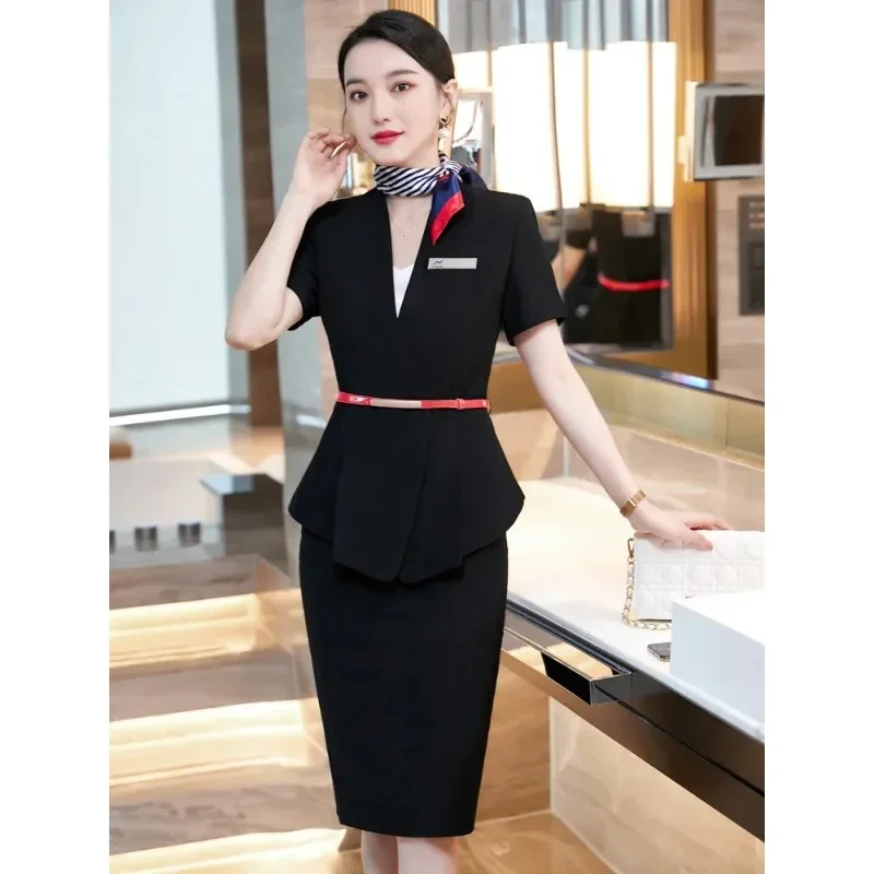 New Hot Sale Women's Professional Wear Summer Skirt Suit Hotel Front Desk Short-Sleeved Overalls Plus Size 5XL Airline Uniform