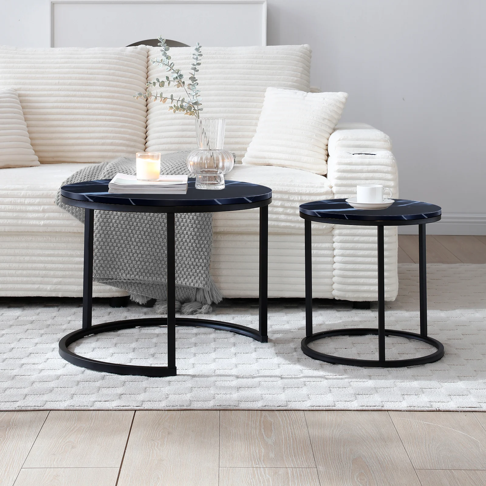 

Set of 2 Round Nesting Table, Marble Pattern Top, Black Metal Frame, Modern Side Nightstand for Apartment Living Room