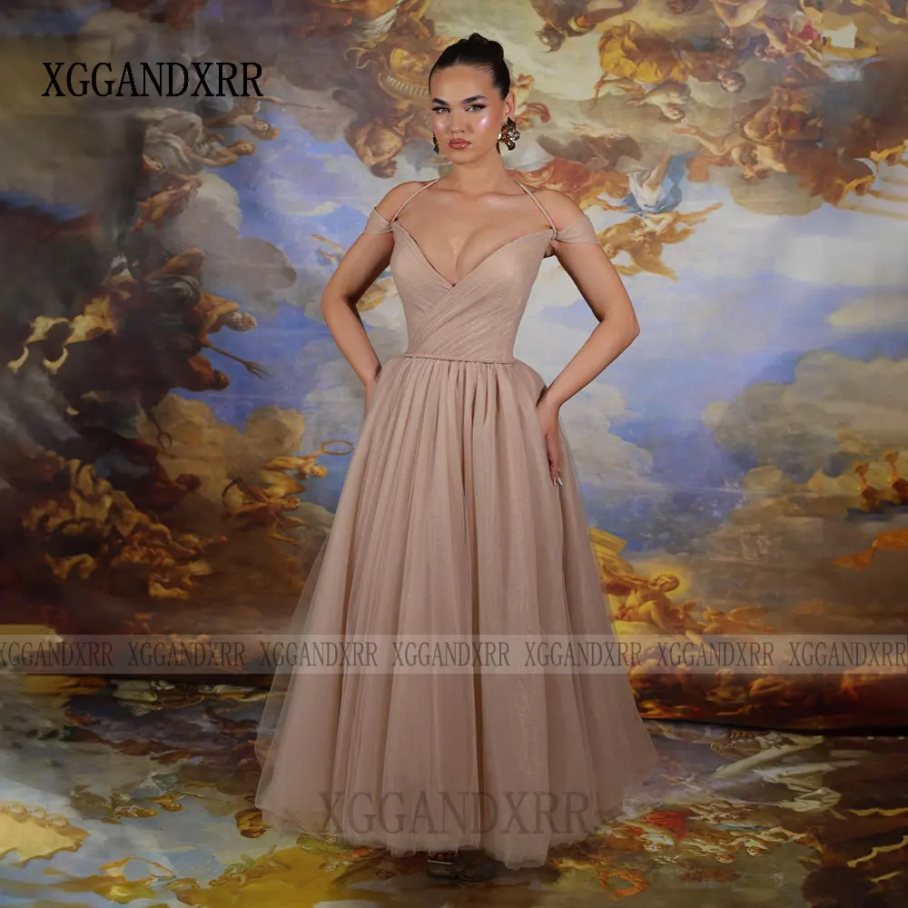 Customized Nude Long Tulle Prom Dress 2026 Elegant V Neck Corset Pleated A Line Evening Dress Wedding Guest Formal Party Dress view 3