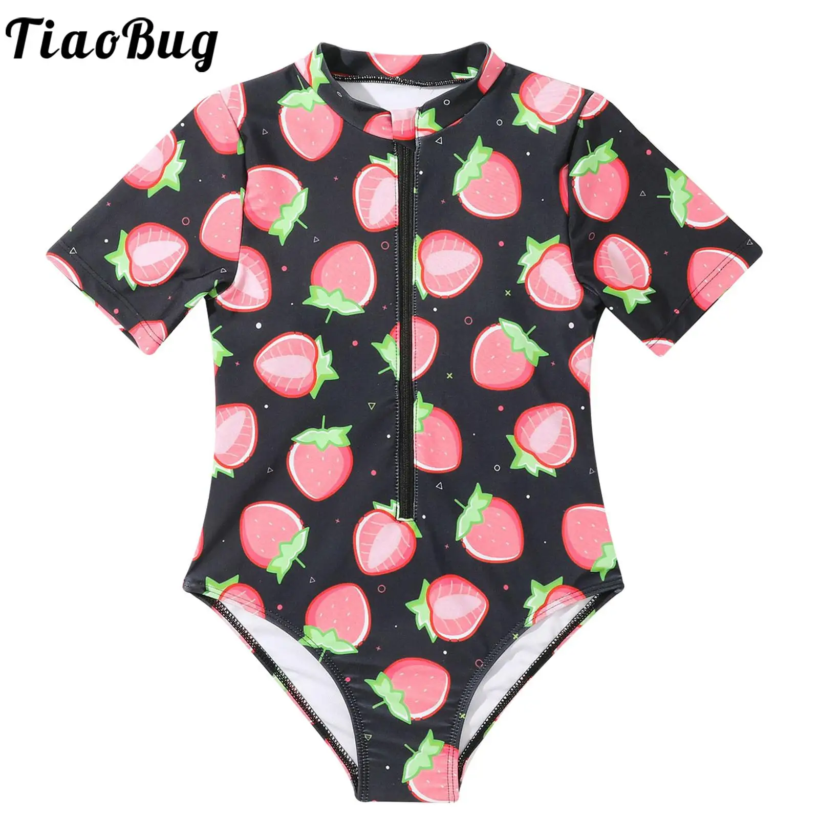 

Kids Girls Short Sleeve Zip-Up One Piece Swimsuit Strawberry Printed Beach Bathing Suit Pool Swimwear for Swimming Training