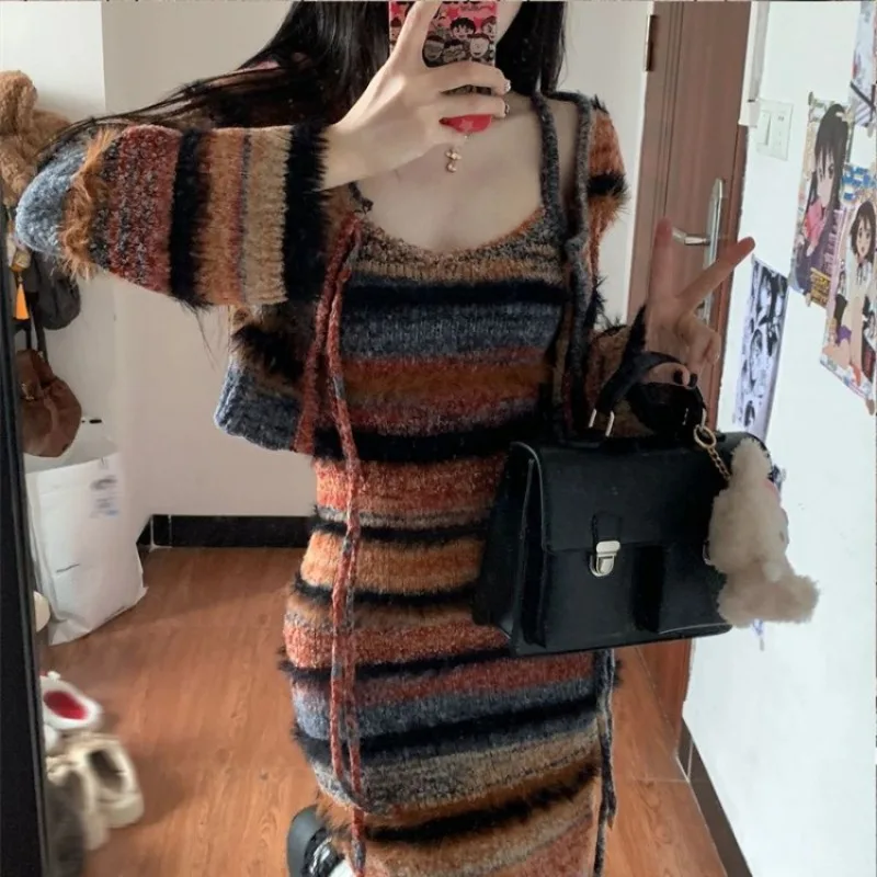 Sweet Striped Long Sleeve Bow Lace Up Sweaters Cardigan+ Y2k Slim Fit Camisole Dress for Women Autumn Winter Two Piece Sets