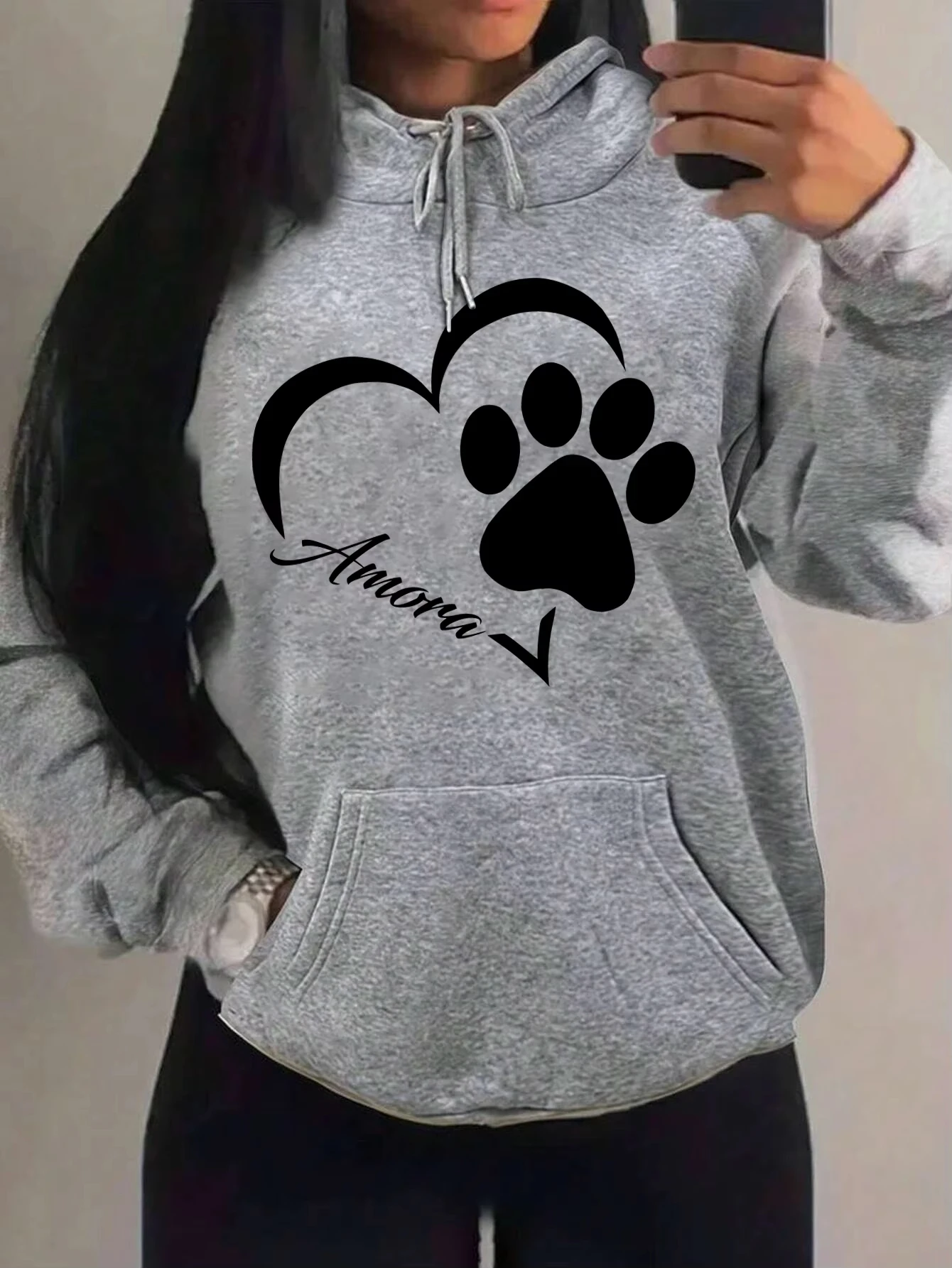

Женская толстовка с креативным принтом Love and Little Cat Foot, модная осенняя толстовка с карманом, спортивный стиль, удобный пуловер