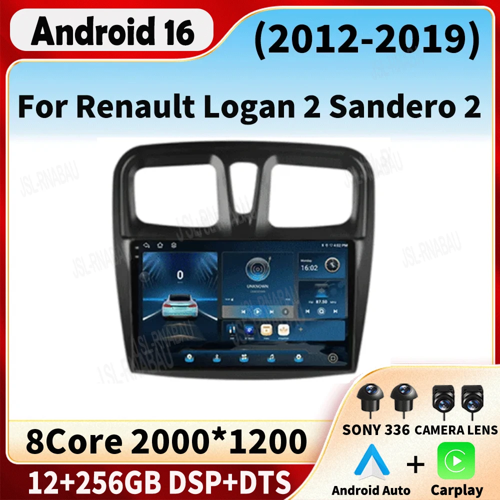 Android 16 Carplay Auto para Renault Logan 2 Sandero 2 2012-2019, Reproductor Multimedia con Pantalla 2K, Autoradio Estéreo, Unidad Principal de Radio para Auto