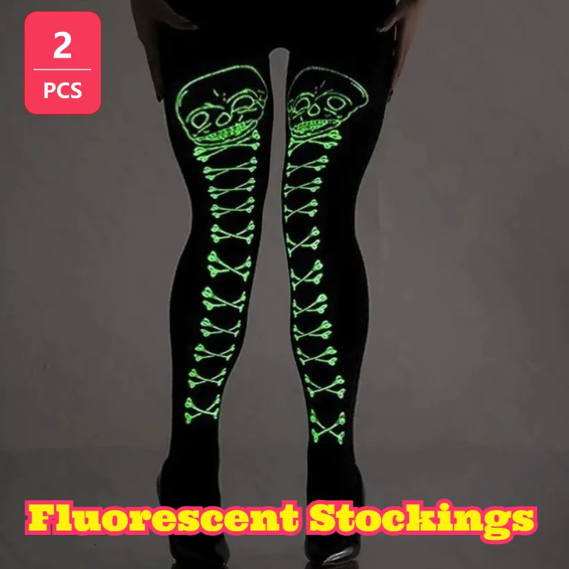 

2PCS Halloween Luminous Glowing Stockings Skull Printed Velvet Thin Pantyhose Festival Dress Night Fashion Decorative Clothing
