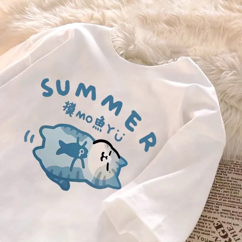 Summer Japanese Cartoon Fashion T-shirt Retro Trend Fun Cute Fish Sleeping Kitten Print Couple Casual Tee Shirt Y2k Vintage Tops