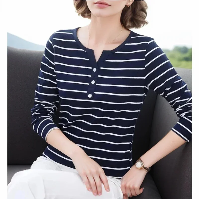 Women Spring Autumn Style Blouse shirts Tops Lady Casual Long Sleeve Striped Printed V-Neck Tops Tee