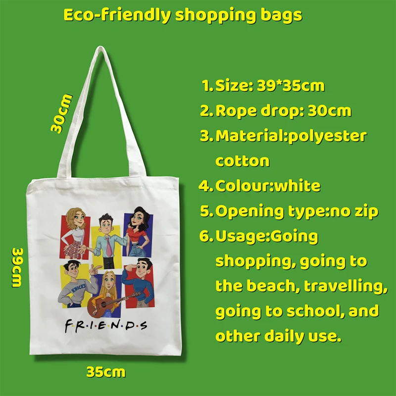 Bolso de mano con dibujos animados para mujer, bolsa de hombro de lona para estudiantes, bolsa de compras ecológica de tela de algodón, serie de Tv Friends