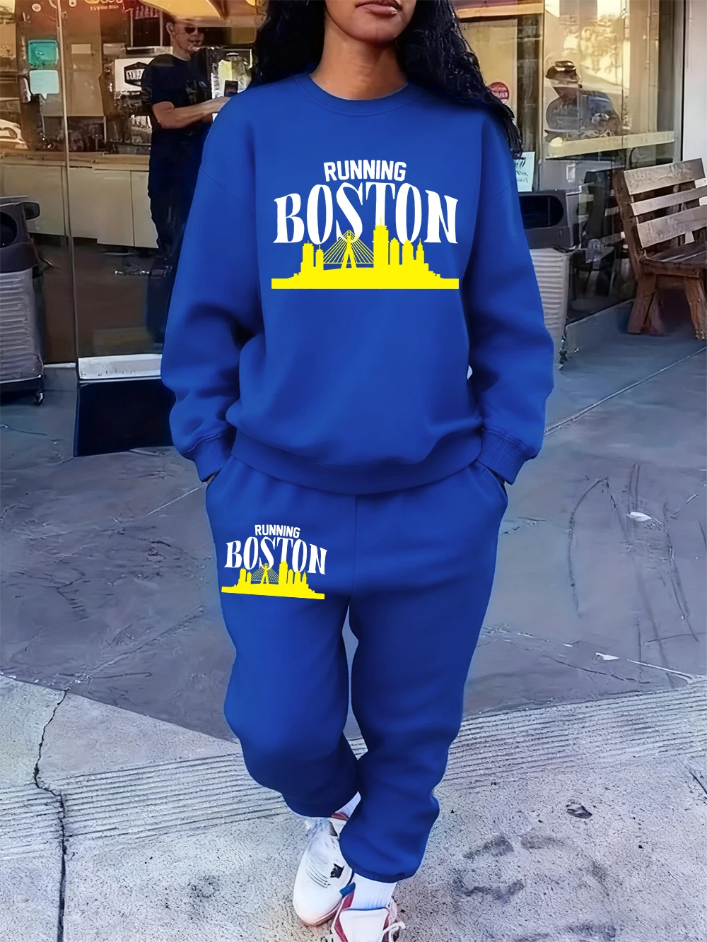 2-teiliges Hoodies-Set für Damen, Boston Marathon, mit Buchstaben bedruckt, Jogginghose, lockeres Fleece-Sweatshirt, Jogging-Outfits, Winter-Taschenkleidung