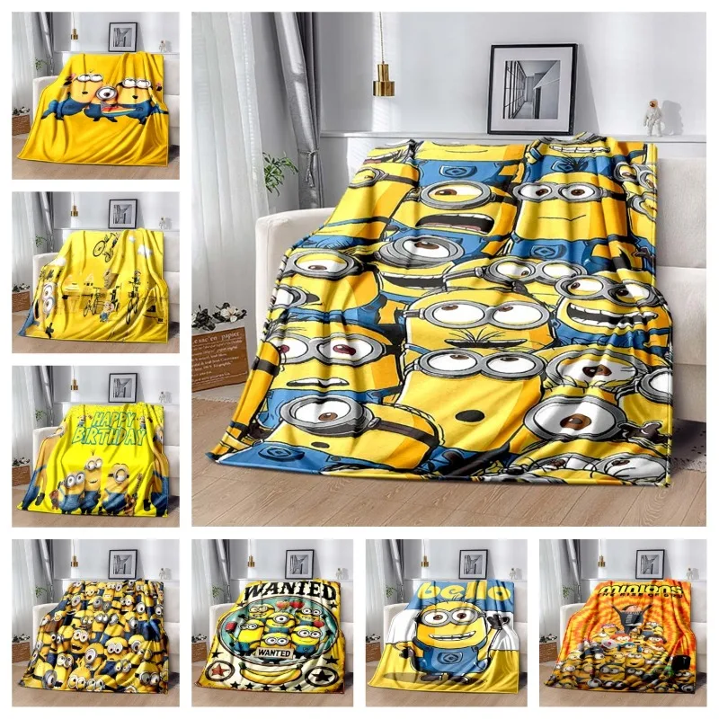 Minions Cartoon Printed Flannel Blanket Soft Warm All Season Throw For Kids Bedroom Sofa Indoor Home Decor Housewarming Gift
