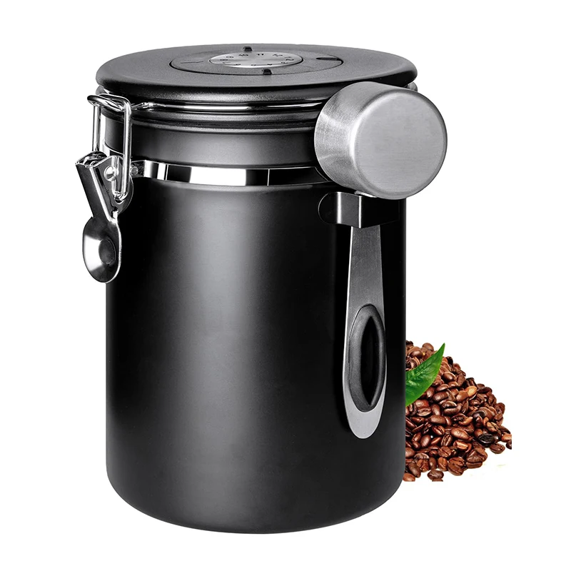Coffee Bean Jar Airtight Canister Sealed Stainless Steel With Spoon One Way Valve Cannister Coffee Storage Kitchen 1.2 1.5 1.8L