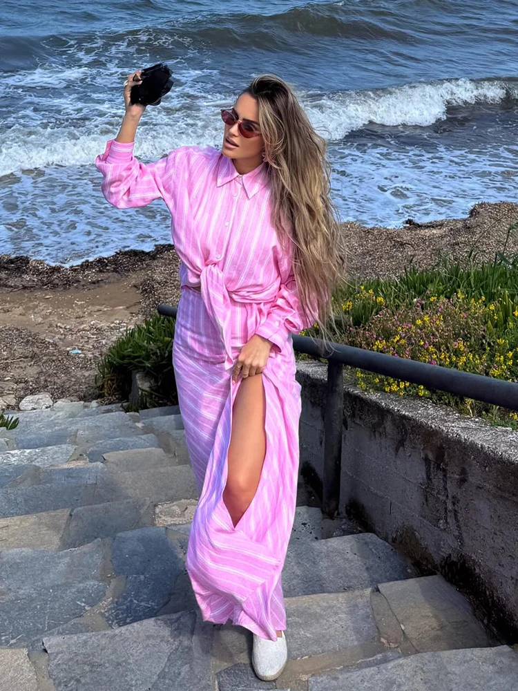 

Women Fashion Skirt Suit Pink Stripes Long Sleeves Lapel Single Breasted Casual Shirt Top+Zipper Splicing Pleated Long Skirt