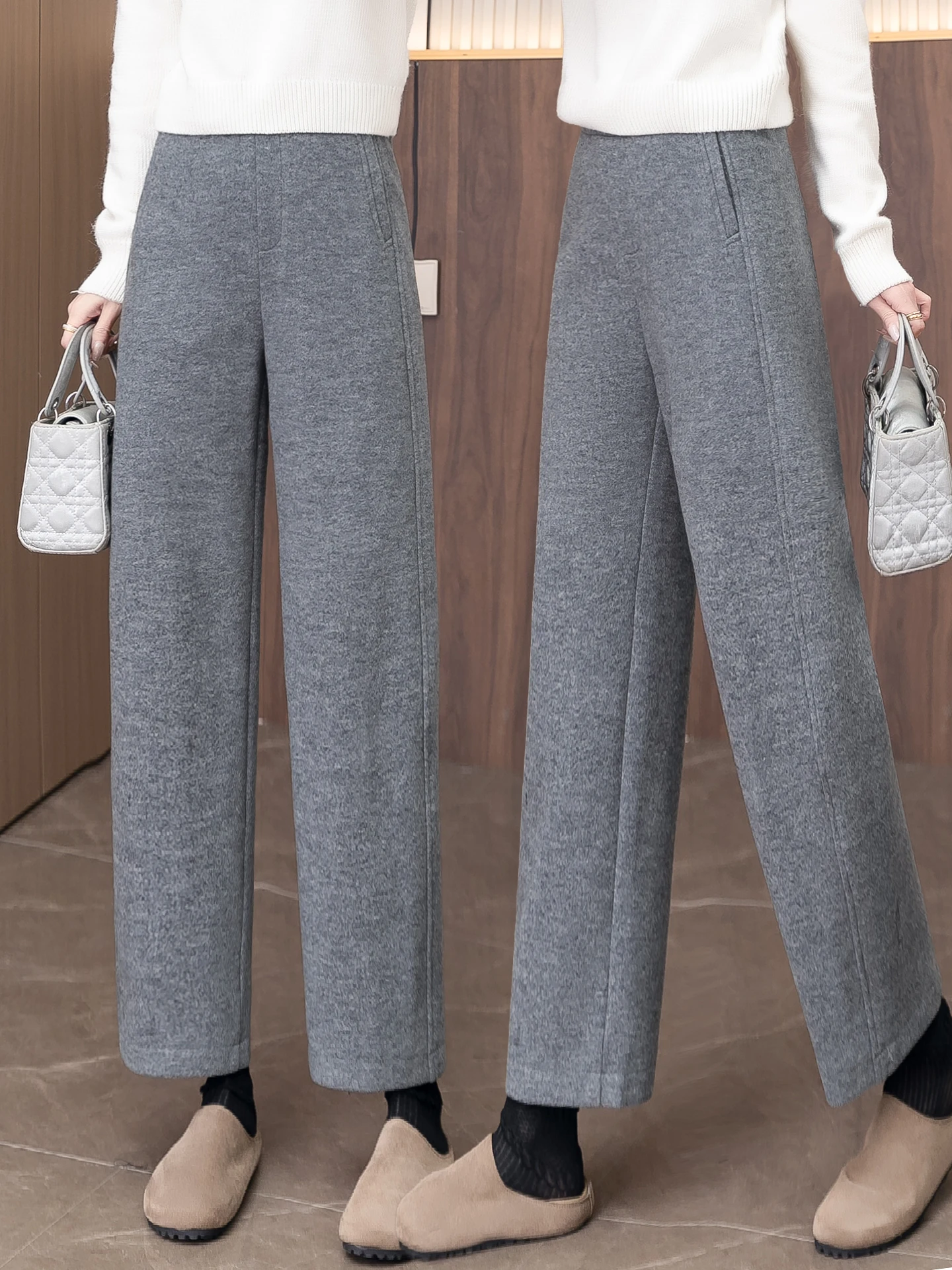 

Женские шерстяные брюки с высокой талией и прямыми штанинами, осенне-зимняя новинка, модные, маленькие размеры, на флисовой подкладке, длинные