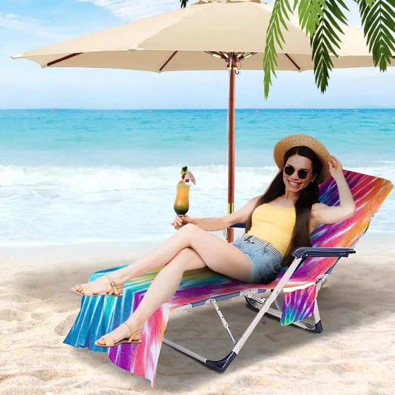 Lounge Chair Towel Tie-Dyed Beach Chair Cover Microfiber Chaise Lounge Chair Towel Cover With Pockets Tie-Dyed Sun Bathing Chair