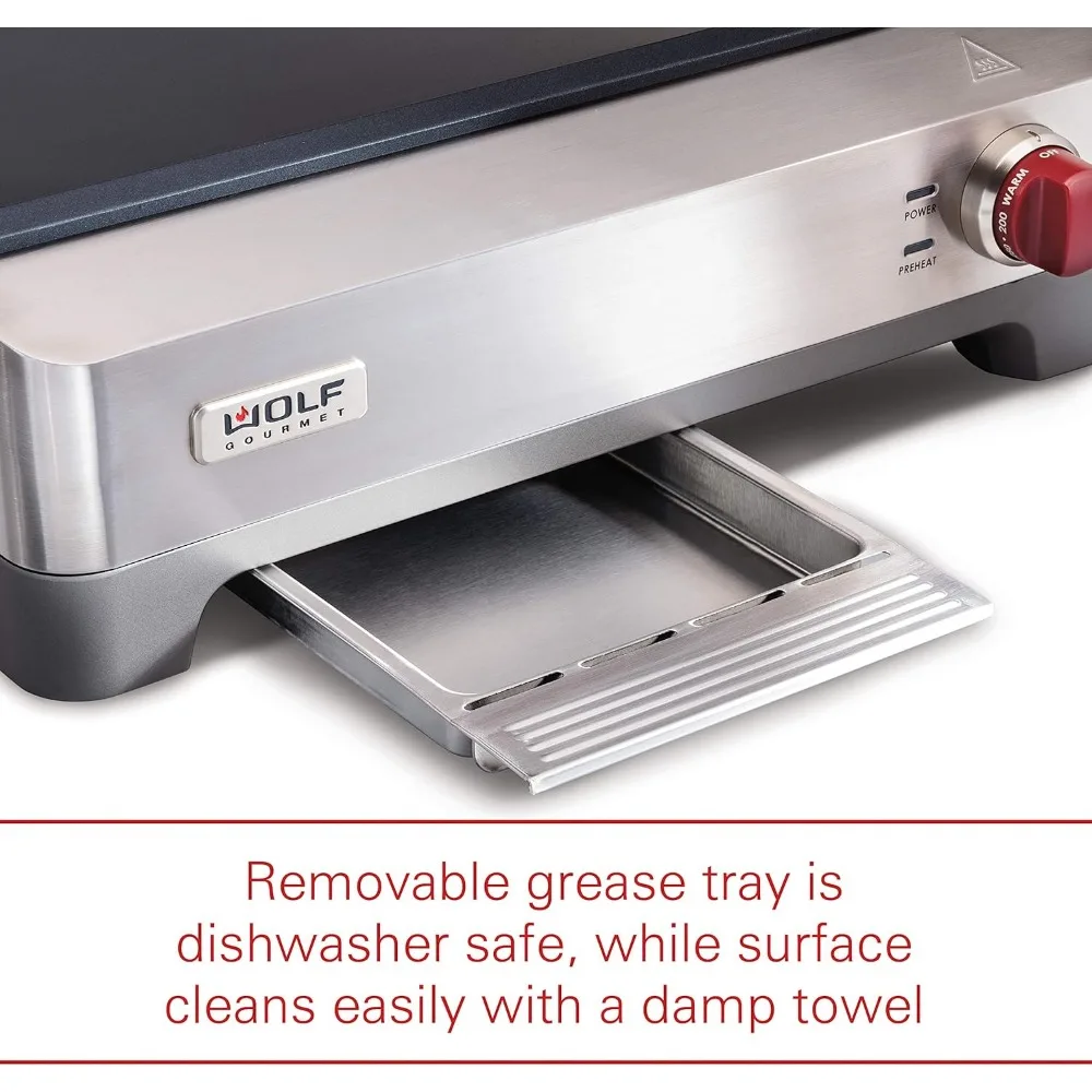 Electric Griddle, Indoor Grill, 200 sq. in, Nonstick Coating, Advanced Temperature Control, Stainless Steel, Red Knob