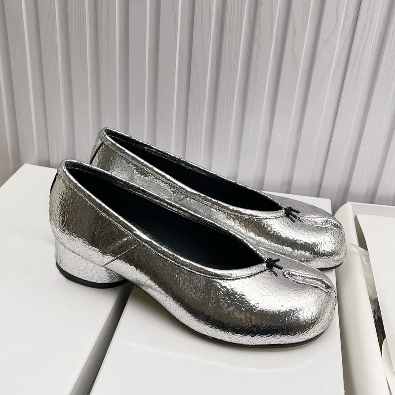 جودة عالية أزياء مطوي مصمم سبليت تو المرأة الراحة جلد طبيعي الباليه راقصة الباليه عارضة تابي أحذية خفيفة بدون كعب #4