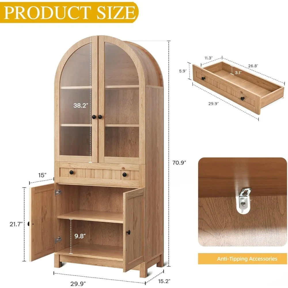 DWVO Arched Pantry Cabinet, 71 Tall Glass Door Display Storage Cabinets W/Drawer & Adjustable Shelves, Farmhouse Versatile Cupbo