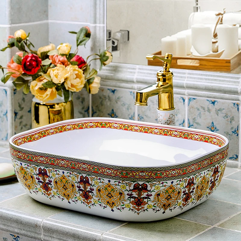 

China Artistic dragon painting Handmade Ceramic wash basin Lavobo Round Counter top bathroom wash bowls