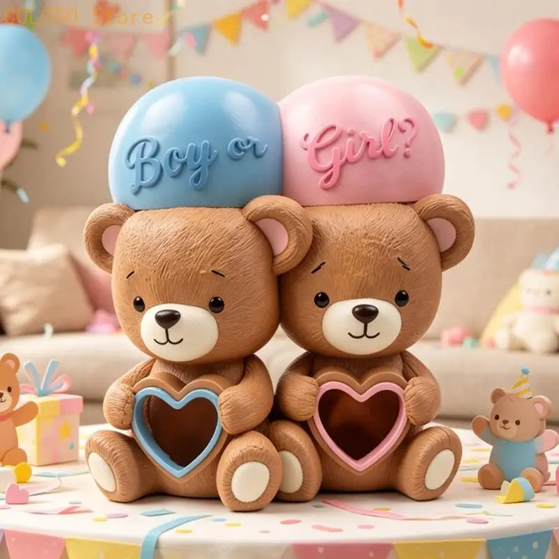 Bear Cake Toppers Gender Reveal Cake Decorations Boy or Girl Bear Figurines D0LD
