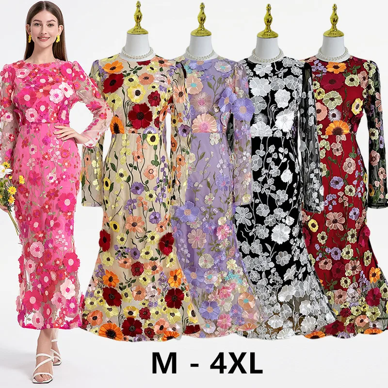 

Wein Heavy Industry Mesh 3D Flower Embroidery Perspective Splicing Waist Slimming Long Dress Girl Skirt Women Lady Dresses Party