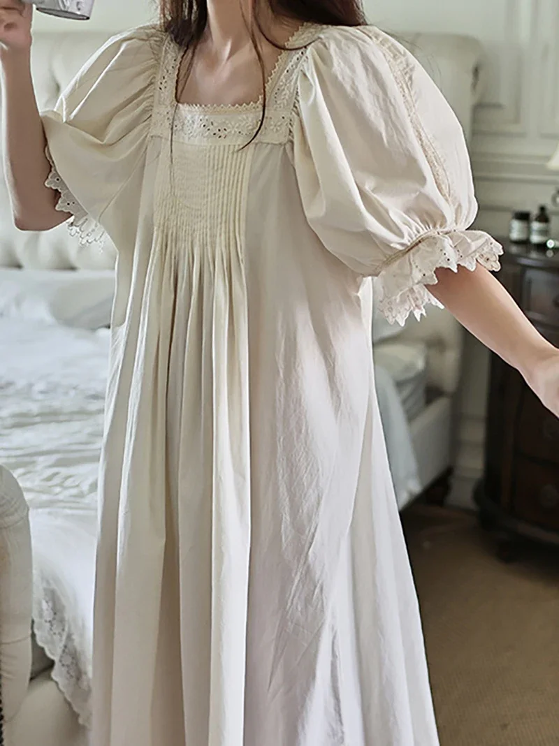 

Women Pure Cotton Retro Princess Short Sleeve Night Dress French Fairy Loose Nightgowns Vintage Victorian Romantic Sleepwear