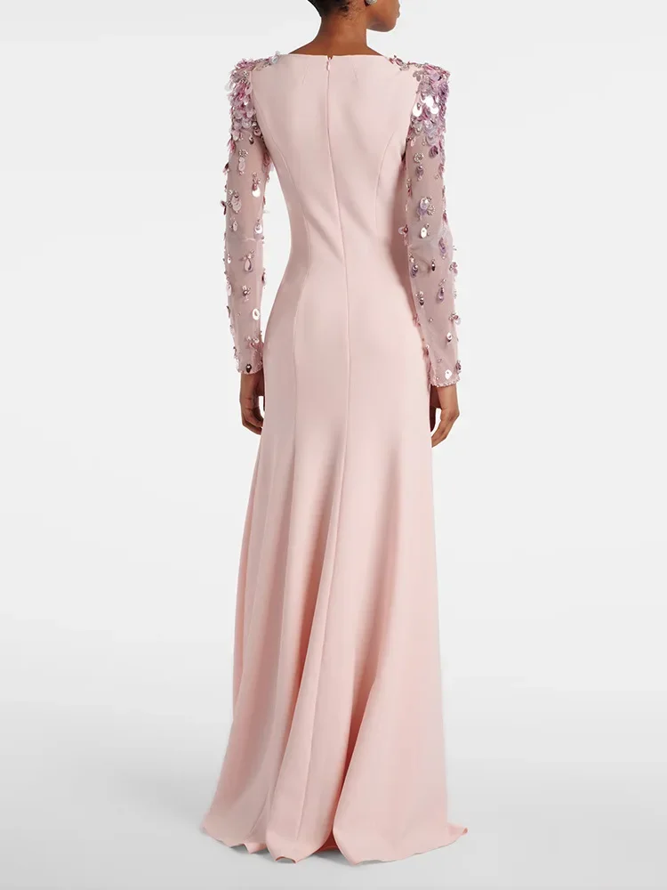 Aangepaste elegante pailletten geborduurde uitlopende tule damesavondjurk met lange mouwen 2026 lente zomer nieuwe stijl dzi Uchadro •