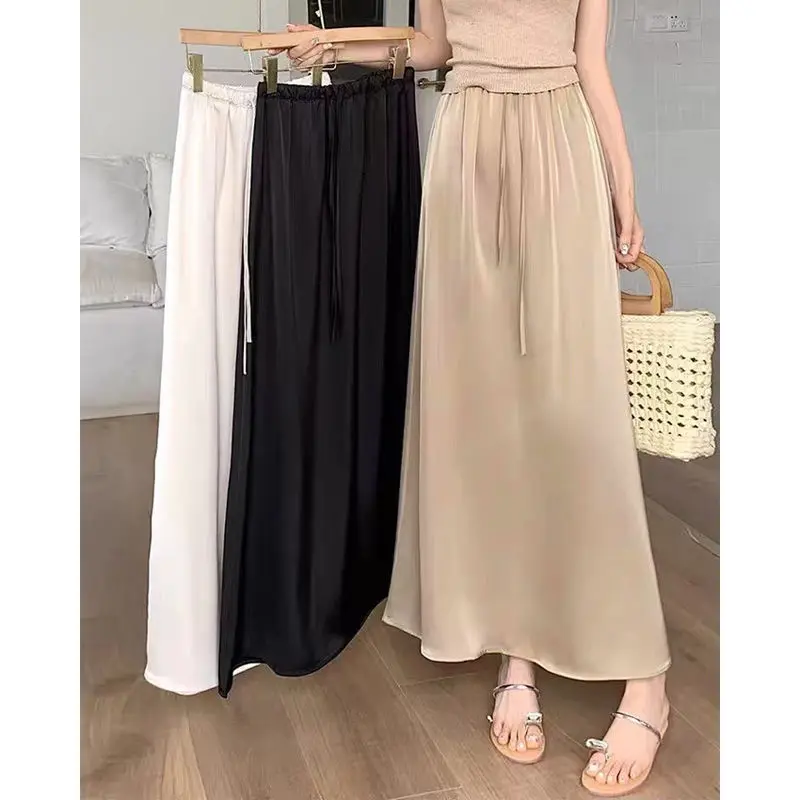 Acetate Ice Silk Satin Half Skirt High Waist A-Line Long Skirt Elegant Wide Hemline Slimming Effect Summer New Style