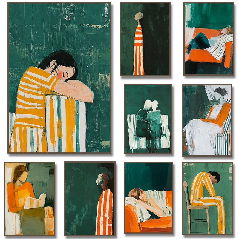 مجردة الشكل الأخضر والبرتقالي شريط امرأة المشارك طباعة حائط لوح رسم العمل الفني الحديث لغرفة المعيشة ديكور المنزل