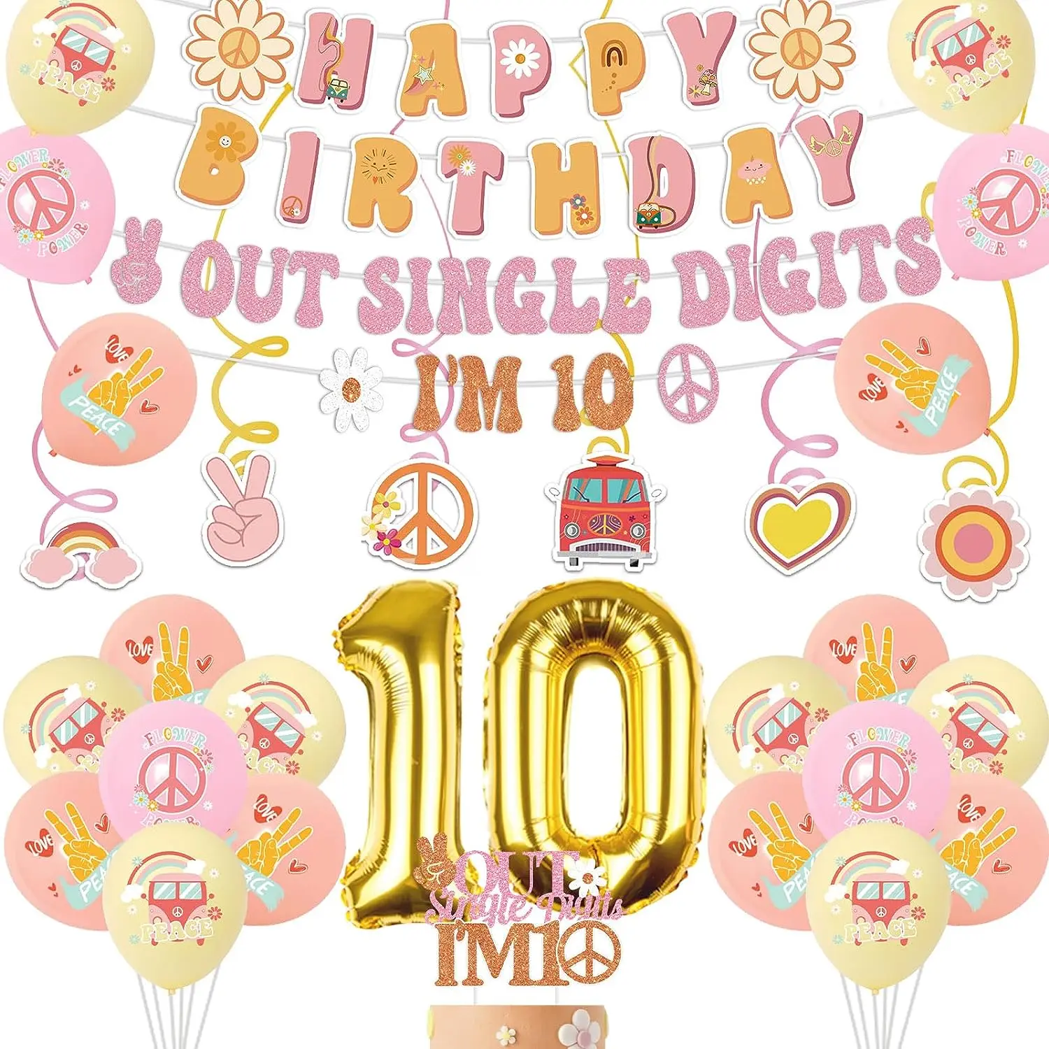 Retro Hippie 10th Birthday Decorations for Girls Groovy Party Supplies with Out Single Digits I'm 10 Banner for Ten Years Old