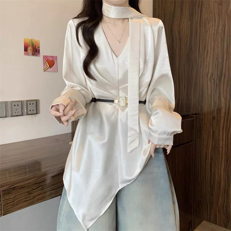 Fashion Satin Ribbon V-Neck Long-Sleeved Shirt Tops 2026 New Spring Summer Women's Waist Tee Shirts White Black Belt Blouse