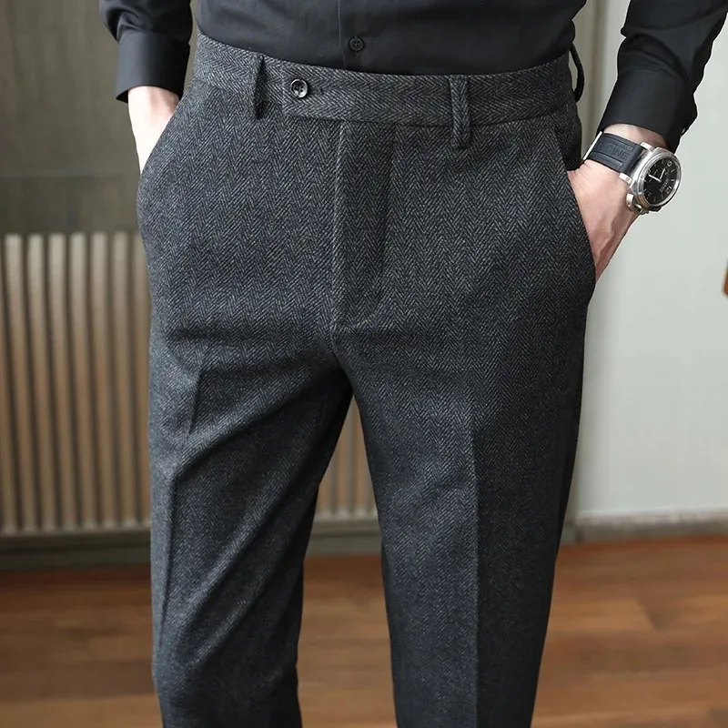 

Autumn/Winter New Gray Woolen Pants Men Fashion Casual Sanded Trousers Size 28-36 Slim Suit Pantalon for